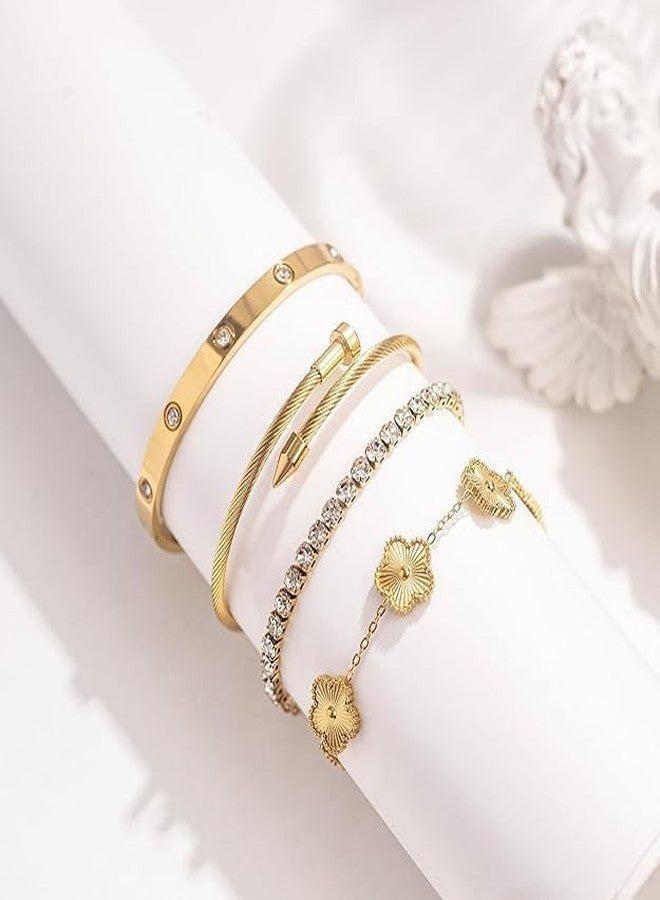 WEBUEP 18K Gold Plated Floral Bangle Bracelet Set for Women - Elegant Love Design (4-Piece) - Image 4